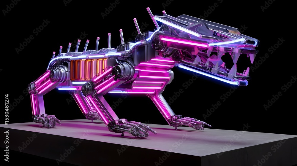 Aufkleber a captivating, futuristic robotic creature with a dragon-like form, composed of intricate neon-illum