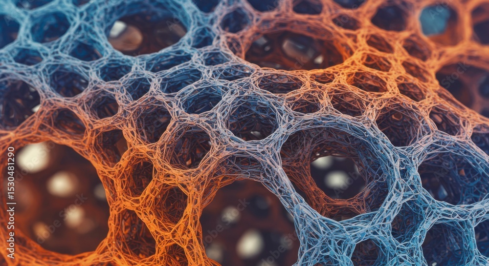 Poster intricate network of interconnected strands, creating a porous, three-dimensional structure with war