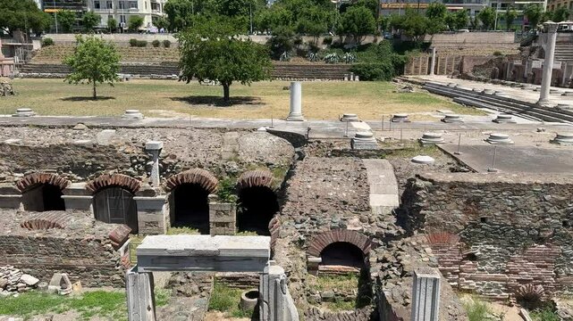 ruins of ancient roman aqueduct market in the city thessaloniki in greece 4k