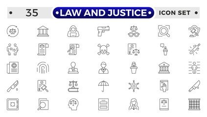 Law and Justice outline icon set. Court icon set. Containing Investigation, law, judgment, criminal, justice law, court legal, lawyer, criminal, prison and more.