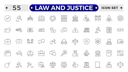 Law and Justice outline icon set. Court icon set. Containing Investigation, law, judgment, criminal, justice law, court legal, lawyer, criminal, prison and more.