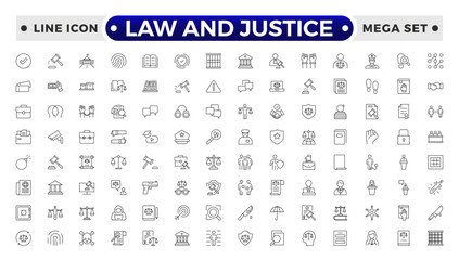 Law and Justice outline icon set. Court icon set. Containing Investigation, law, judgment, criminal, justice law, court legal, lawyer, criminal, prison and more.