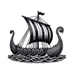 viking ship engrave logo icon design illustration