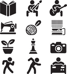 Hobby Silhouette Vector Bundle – 10 Black Icons – Reading, Painting, Guitar, Knitting, Gardening, Dancing, Photography & More
