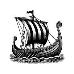 viking ship engrave logo icon design illustration