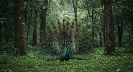 Majestic peacock displays its vibrant plumage in a lush, verdant forest