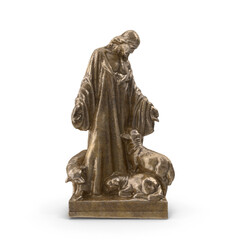 Bronze statue of Jesus with sheep isolated on transparent background