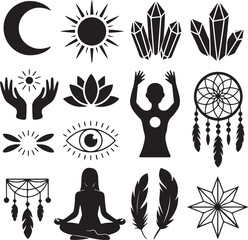 Boho & Spiritual Silhouette Vector Bundle – 10 Black Icons – Crescent Moon, Lotus, Crystals, Dreamcatcher, Meditating Figure & More