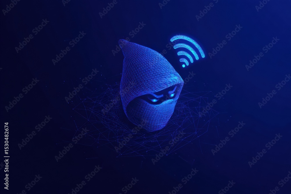 Poster Masked Hacker Avatar Fishing for Wi-Fi Signals in Cyberspace With a Clean Top Layout Featuring a Glowing Wi-Fi Symbol
