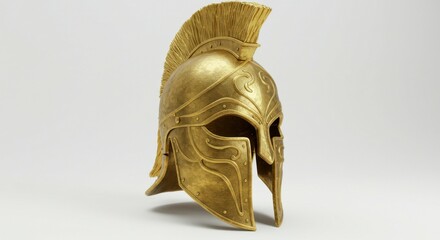 A golden, ancient Greek-style helmet, detailed with etched patterns and a prominent crest, sits against a neutral backdrop