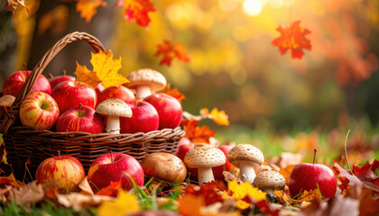 Basket of red apples and mushrooms on grass with falling maple leaves, autumn harvest scene in warm sunlight, cozy and inviting atmosphere, nature and seasonal abundance