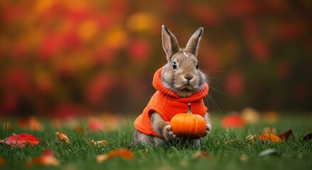 Adorable rabbit in orange hoodie holds small pumpkin amidst autumn leaves