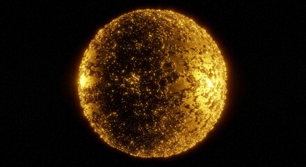A luminous golden sphere, textured and radiant, glows against a stark black backdrop.  Its surface is intricately detailed