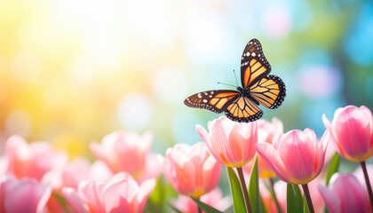 Butterfly landing on pink tulip in pastel spring garden, sunlight and bokeh background, renewal and peaceful nature scene, perfect for text overlay