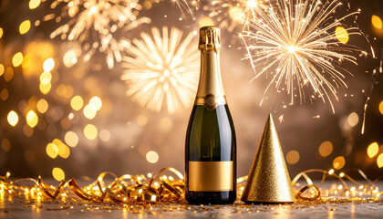 Champagne bottle with gold label, festive party hat, sparkling fireworks, and glowing lights create joyful celebration atmosphere, perfect for New Year or special occasions