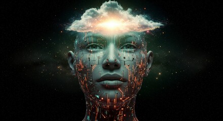 Futuristic AI head with a cloud