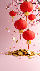 Red lanterns and cherry blossom petals fall gently over pile of gold coins, creating festive and joyful atmosphere with space for text on pink background