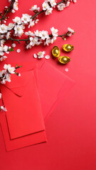 Cherry blossom branches red envelopes gold coins festive decoration spring celebration space for text joyful traditional floral vibrant