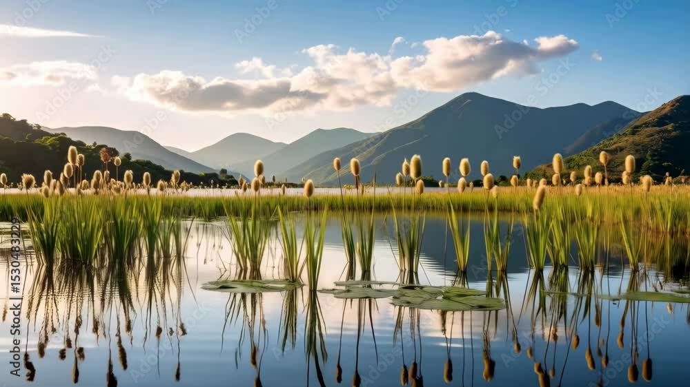 Poster scenic view of a tranquil lake with cattails and tall grasses reflecting in the still water against 