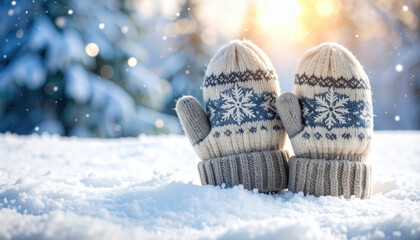 Cozy mitten pair on snowy surface with snowflakes around, placed on left background with warm sunlight, winter outdoor scene, soft and inviting atmosphere