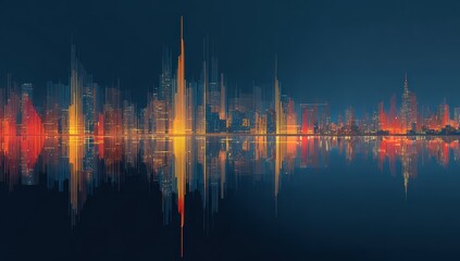 City skyline at night, reflected in water, with abstract sound waves