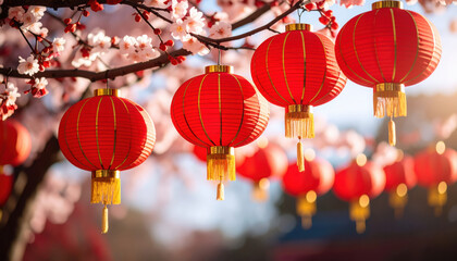 Red lanterns hang from elegant plum blossom branches, symbolizing good fortune and celebration, with soft sunlight creating festive and joyful atmosphere