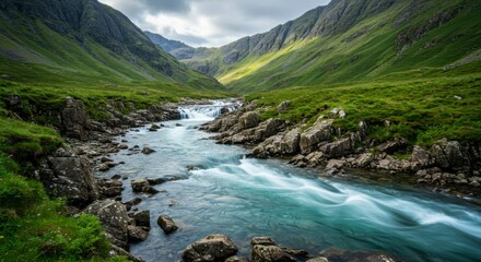 Mountain river valley, lush green valley, flowing water, rocky riverbed