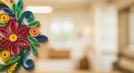 Vibrant paper-rolled flower design against a blurred room background