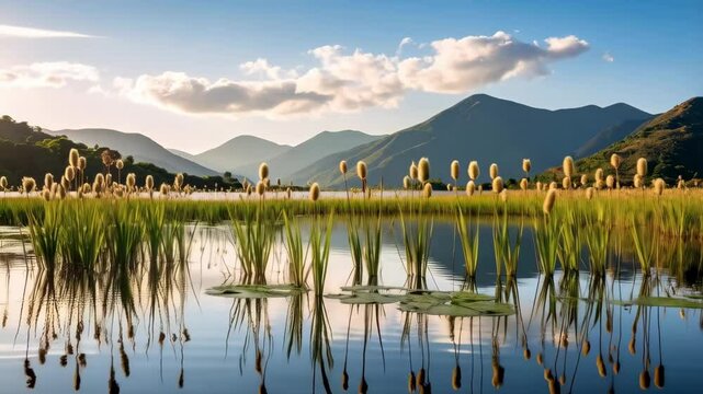 Scenic view of a tranquil lake with cattails and tall grasses reflecting in the still water against a backdrop of rolling hills and sky with clouds.