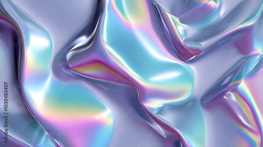 Poster captivating abstract composition featuring shimmering holographic and iridescent foil textures with 