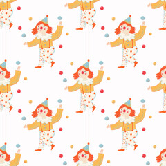 Playful seamless pattern featuring a cheerful clown in a yellow costume juggling colorful balls. The clown is smiling and performing circus tricks, creating a fun and joyful mood.