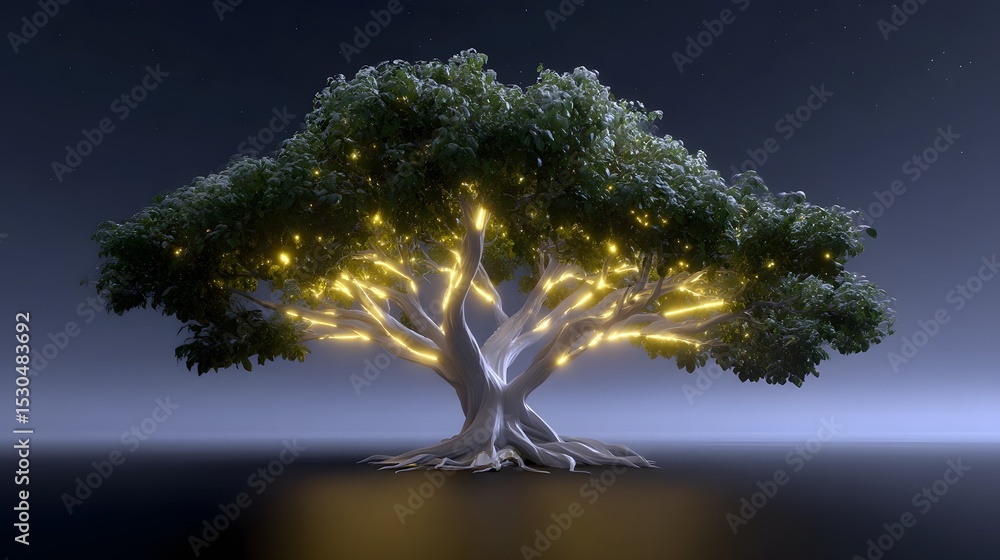 Aufkleber a mesmerizing tree with ethereal, light-emanating branches stands tall in a serene, nocturnal fantas
