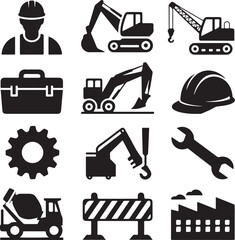 Construction & Industrial Silhouette Vector Bundle – 10 Black Icons – Worker, Bulldozer, Crane, Hard Hat, Gear, Toolbox & More

