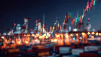 Blurry cityscape harbor at night with overlaying financial chart