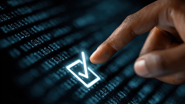A hand touches a checkmark on a digital screen filled with binary code