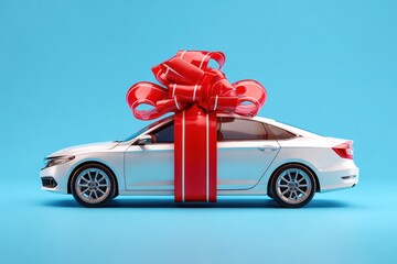 White car wrapped in a large red ribbon