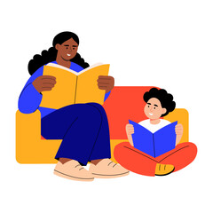 A flat style illustration showing mother reading comics
