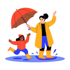 A flat style illustration showing kid splashing puddle