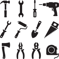 Tools & Hardware Silhouette Vector Bundle – 10 Black Icons – Hammer, Wrench, Screwdriver, Drill, Saw, Axe, Shovel, Pliers & Tape