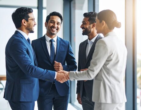 Indian business team celebrating a deal with a handshake and smiles.