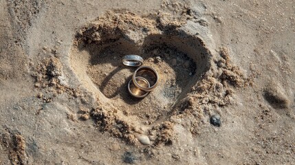 Wedding rings nestled in a heart shaped impression in the sand on a sunny day at the beach