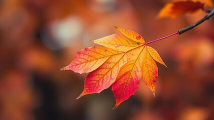 Obraz premium Close-up of a vibrant red and orange maple leaf against a blurred autumn background 