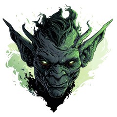 Close up portrait of a fictional green goblin with intense glowing eyes and large pointed ears on white background
