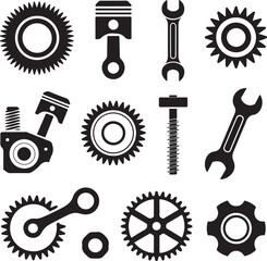 Mechanical Parts & Gears Silhouette Vector Bundle – 10 Black Minimal Icons – Cogwheel, Piston, Bolt, Engine, Crankshaft & More