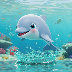 Cartoon Dolphin Underwater Scene Vibrant Marine Life Illustration