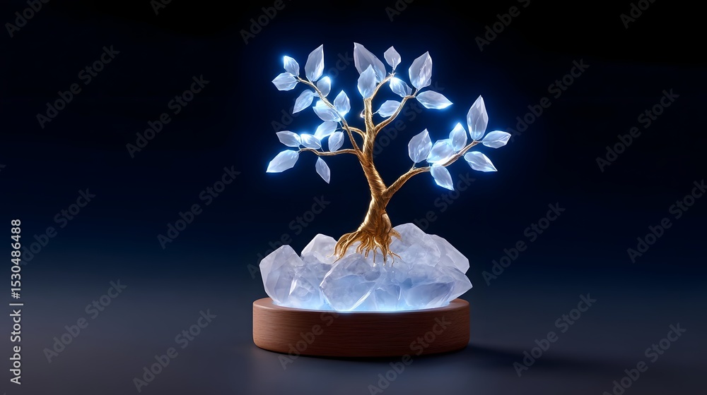 Poster mesmerizing crystal tree with ethereal glowing roots and translucent levitating leaves, creating a m