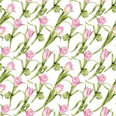 Tulip seamless pattern, watercolor drawing on white background. Ideal for fabric design, wallpapers, spring stationery, gift wrapping, greeting cards, and floral-themed decor.