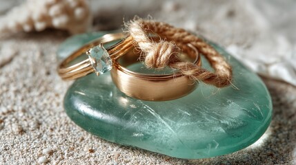 Wedding rings with rope on sea glass at the beach with sand and coral in soft focus background