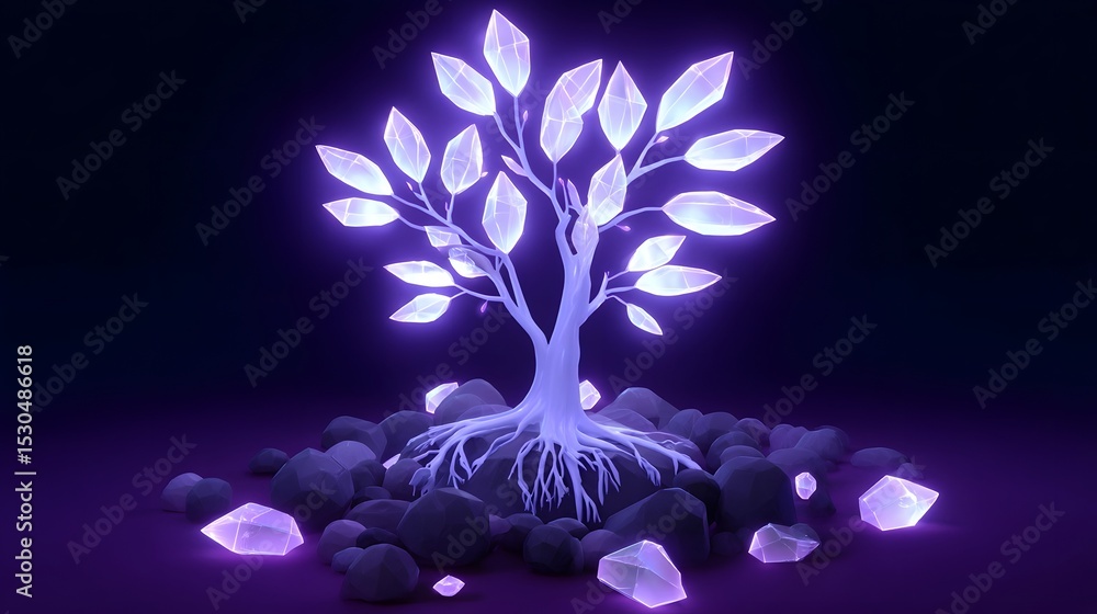 Poster a captivating, mystical image depicting a crystal tree with glowing roots and ethereal, levitating l