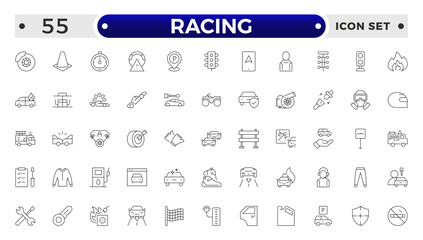 Motor Racing and Sport Car outline Icon Set. Formula 1, Speed, Pit Stop, automotive, race, automobiles, competition, championship, flag, wheel, medal, helmet, car, chassis, track.